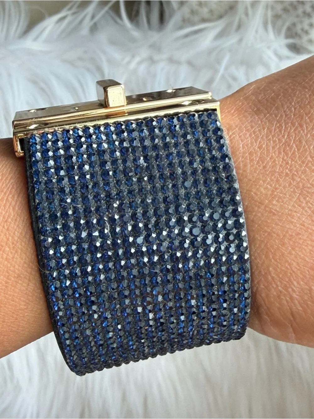 Navy Rhinestones Crystals Leather Wide Band Bracelet Gold-Tone Twist Lock